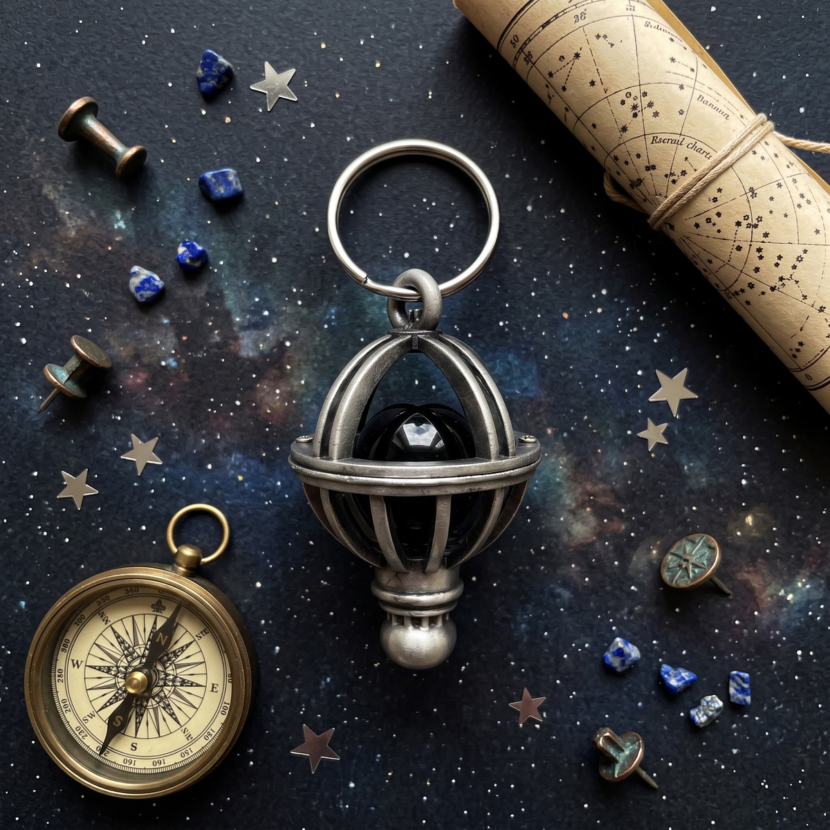 Orion's Belt charm keychain flat lay with compass, star map scroll and gemstones on a starry backdrop