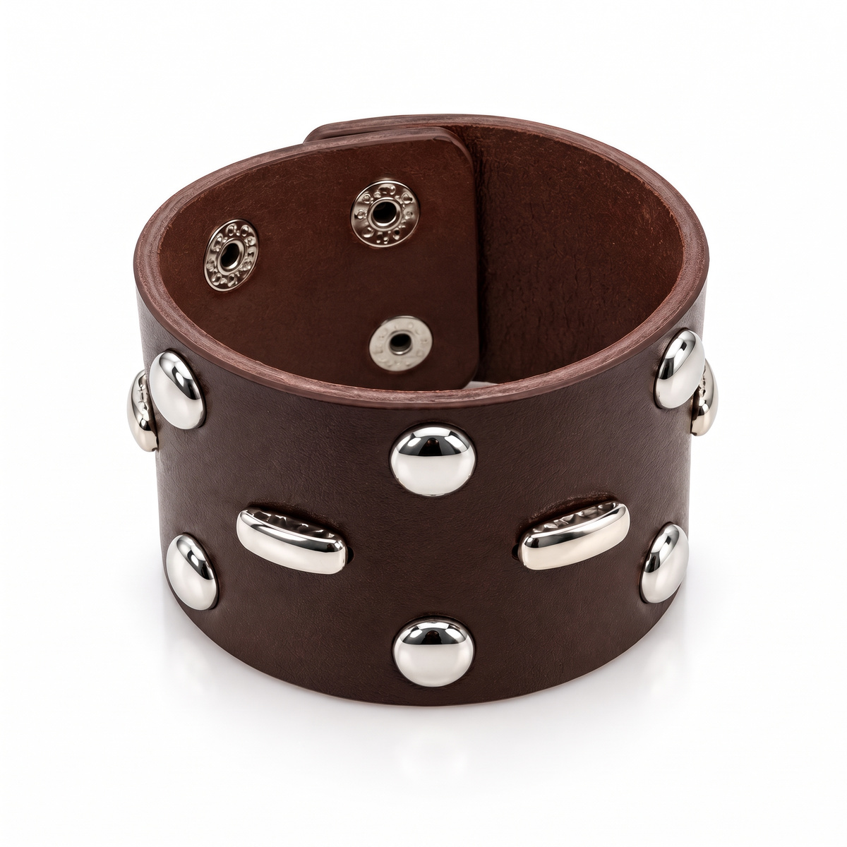 Brown leather Raoul Duke cuff with silver studs and snap closure, front view on white