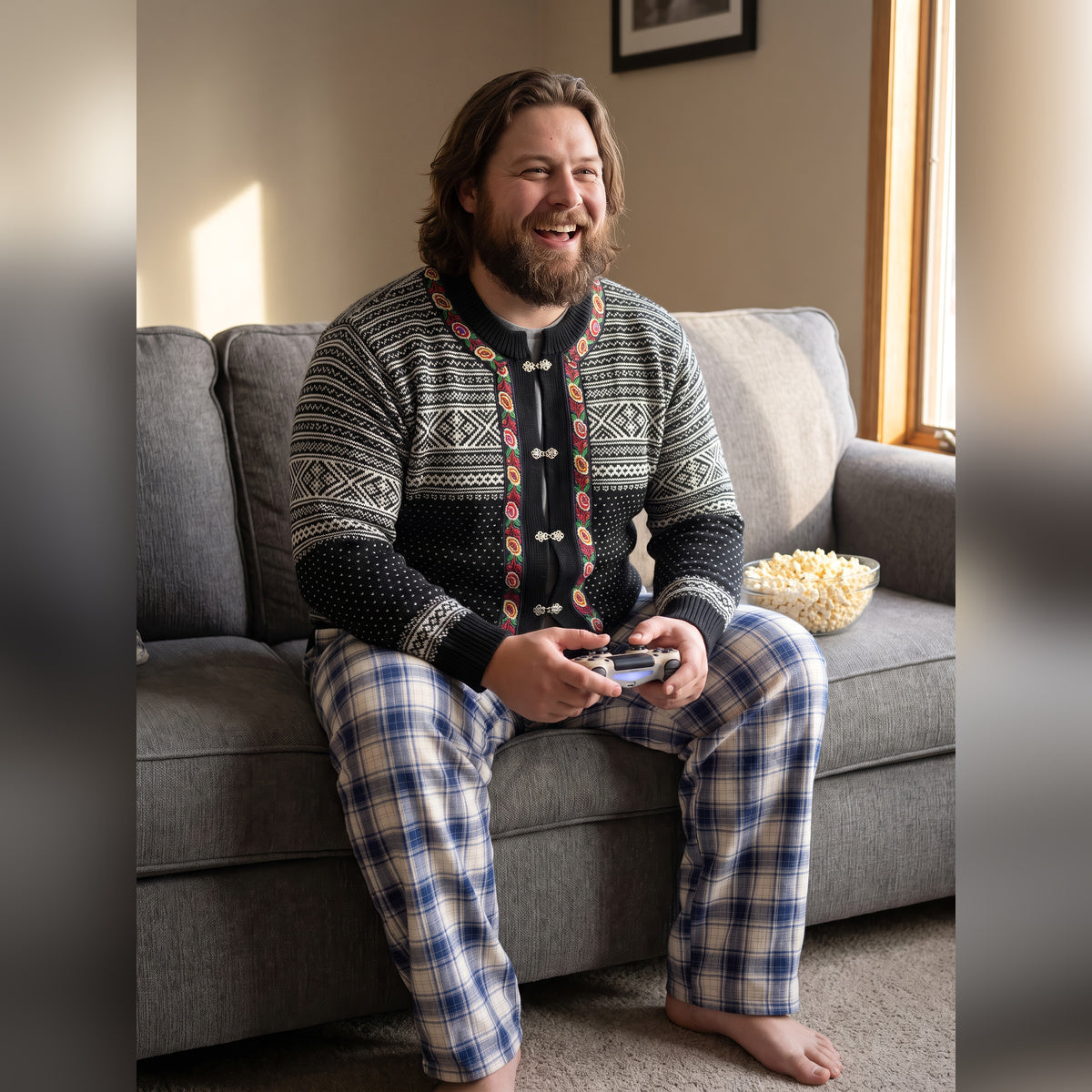 Man laughing on a sofa with a game controller in the Thunder God Nordic cardigan