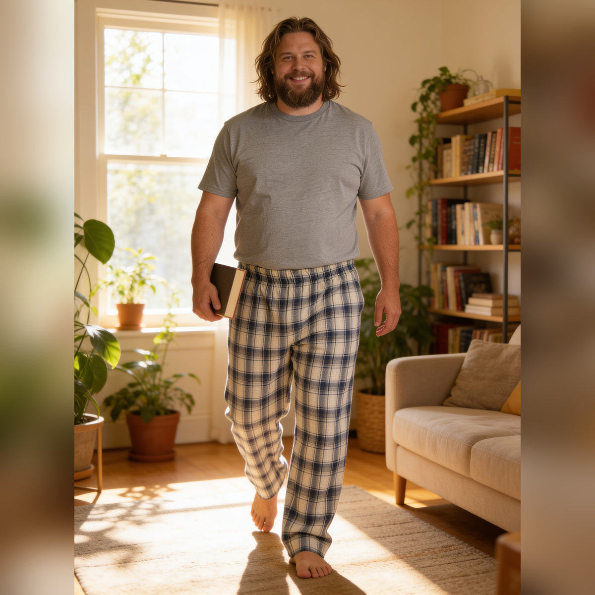 Man walking through a bright living room in the Thunder God plaid pajama pants