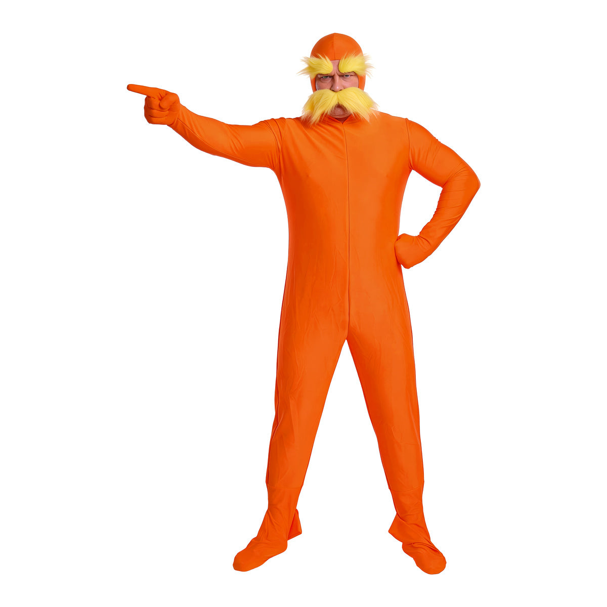 Man in the grumpy orange man jumpsuit costume pointing to the side, full-length front view