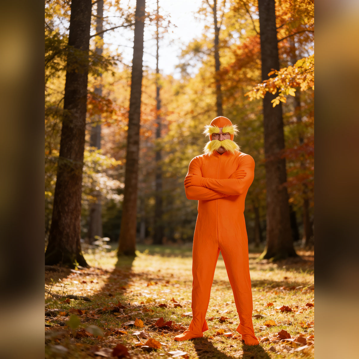 Grumpy orange man jumpsuit costume worn with arms crossed in an autumn forest