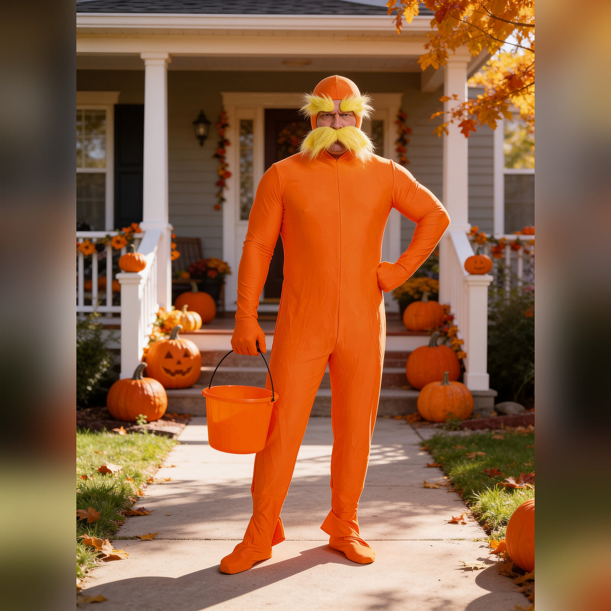 Man in an orange jumpsuit costume holding a pumpkin bucket on a Halloween-decorated porch