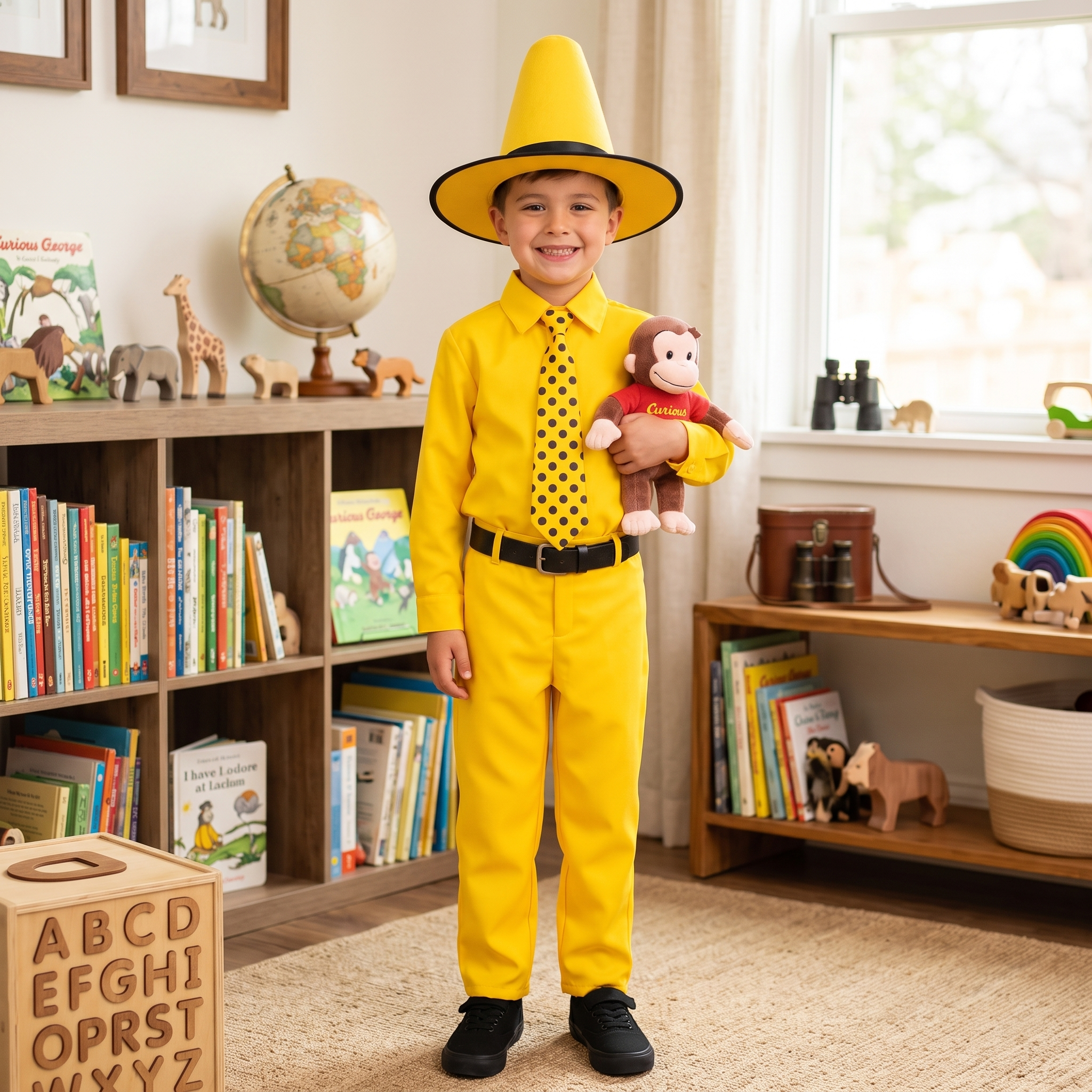 The Man in the Yellow Hat Youth Kids Halloween Cosplay Costume Set