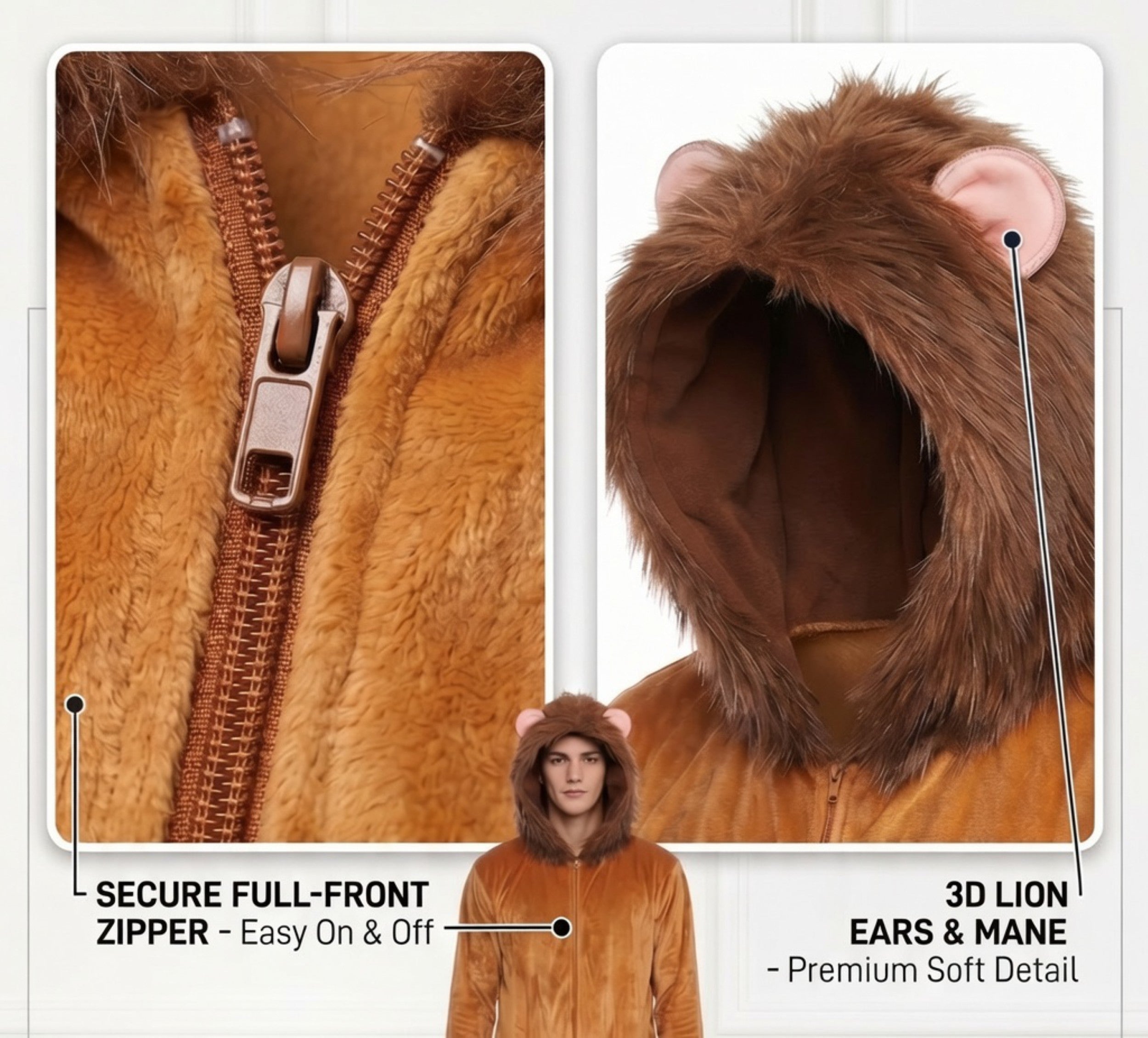 A lion costume close-up collage showing a brown faux-fur zipper detail, a hood with plush lion ears and mane, and a small model wearing the costume. Text callouts mention a secure full-front zipper and 3D lion ears & mane premium soft detail.