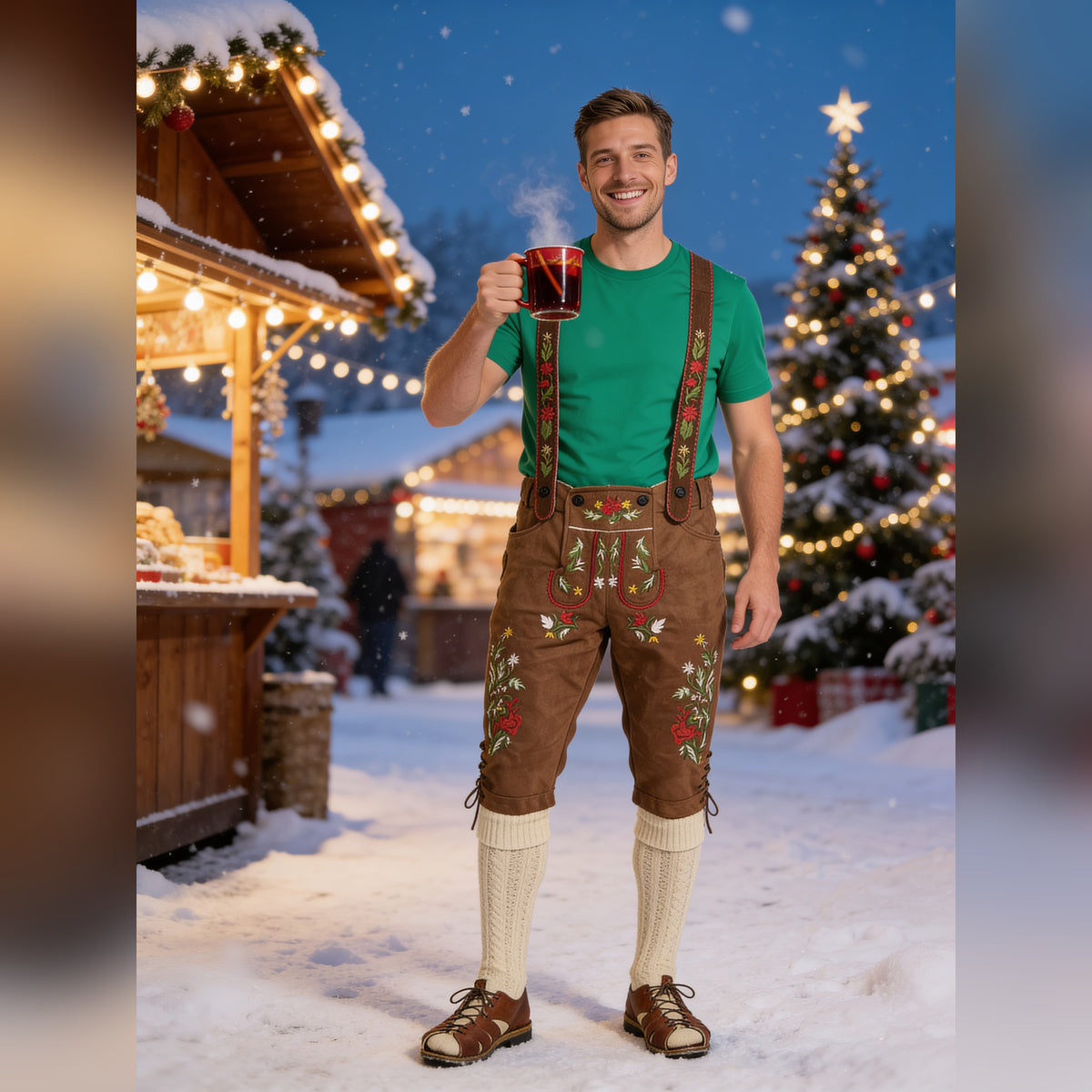 Man holding a mug at a snowy Christmas market in the Green Monster lederhosen costume