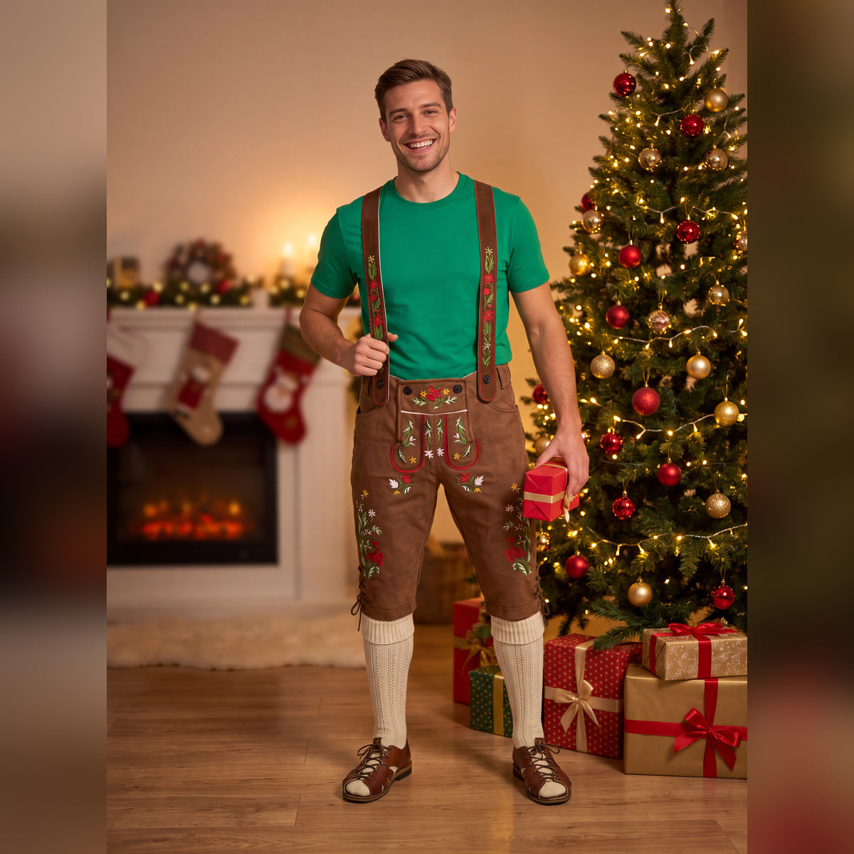 Man by a decorated Christmas tree and fireplace in the Green Monster lederhosen costume