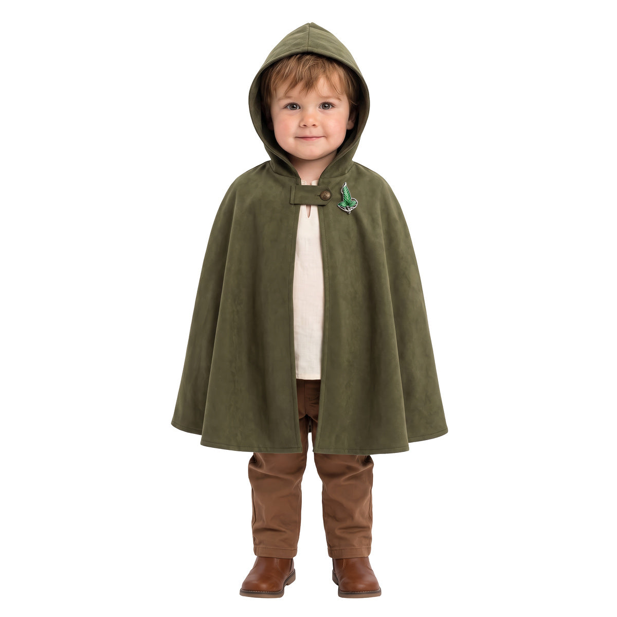 Child wearing the green Wedding Bearer costume cape with hood up and leaf pin, front view