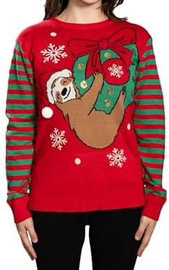 Sloth Santa Hat Hanging on Gift Ball Ornament Women's Juniors Ugly Christmas Sweater