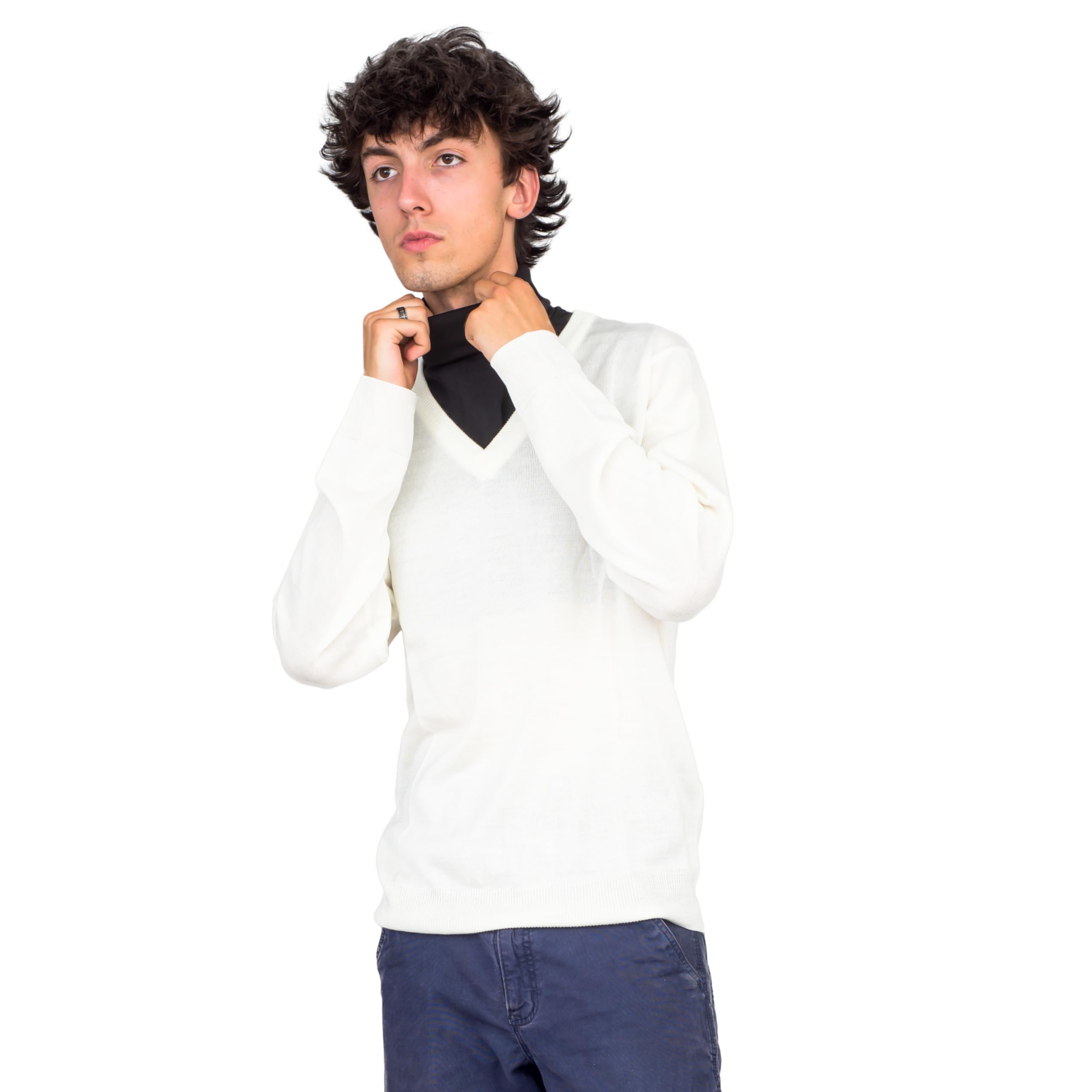 Crazy Cousin White V-Neck Sweater with Black Dickey