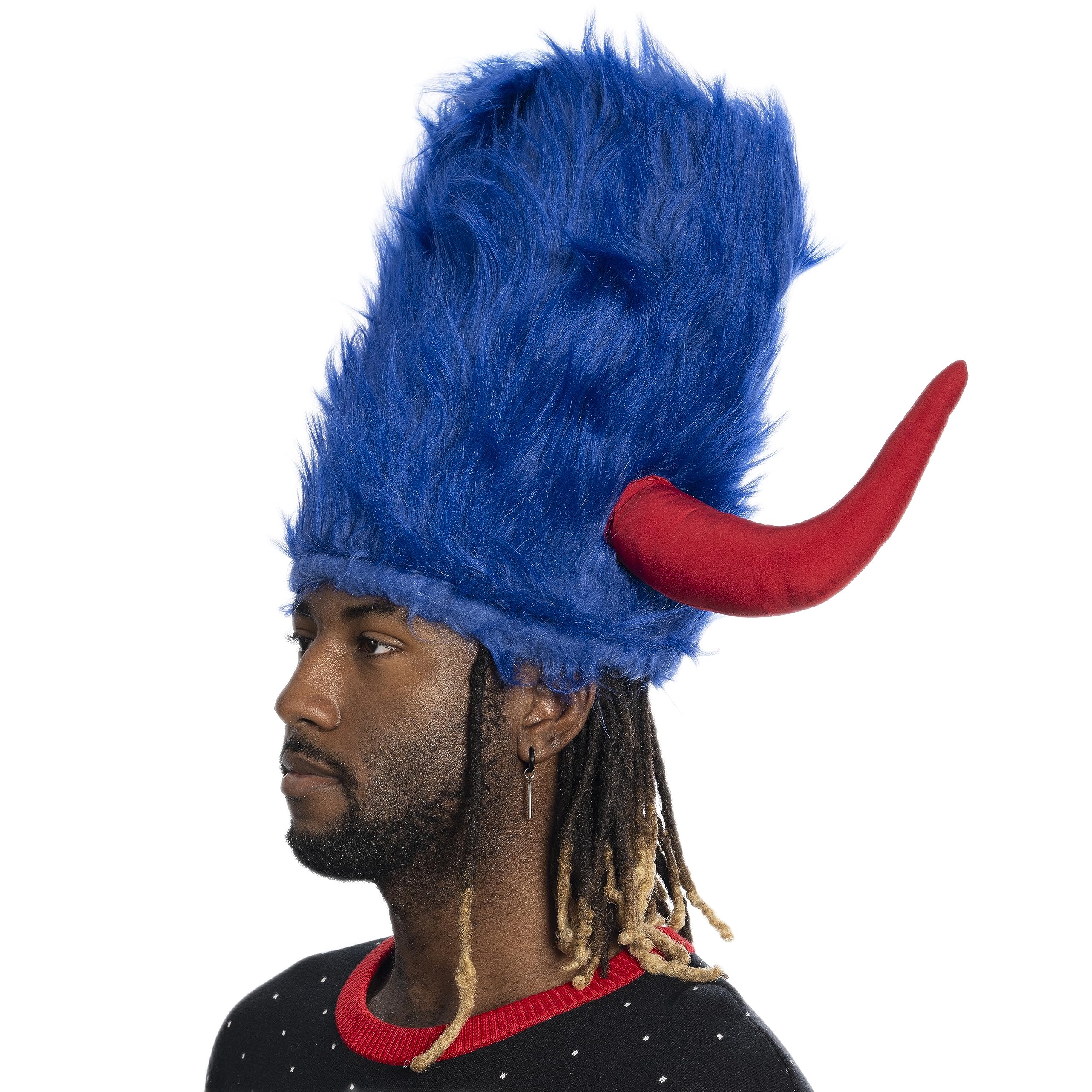 Viking Hat Red and Blue Furry Buffalo with Horns Adult Costume Accessory for Halloween and Cosplay