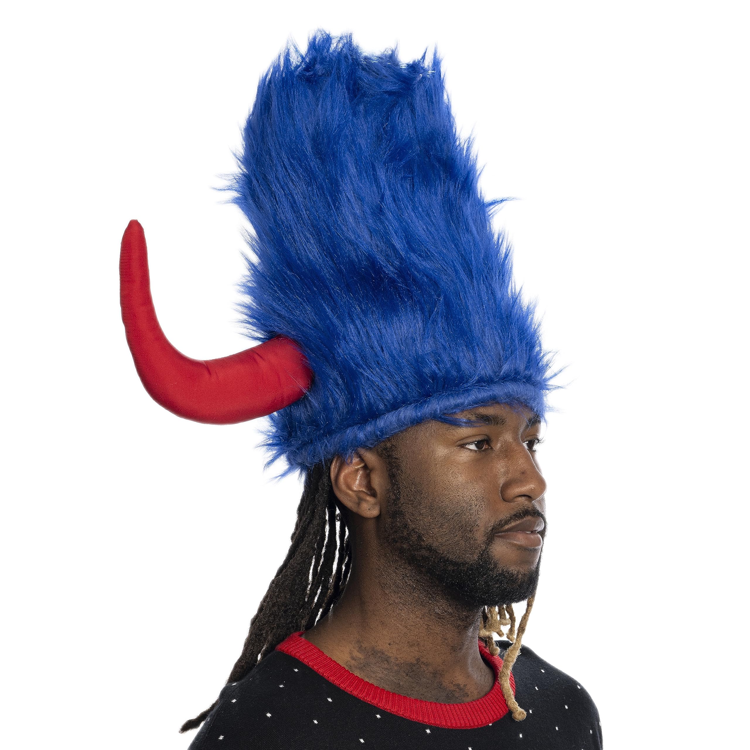 Viking Hat Red and Blue Furry Buffalo with Horns Adult Costume Accessory for Halloween and Cosplay