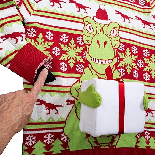T-Rex Santa Hat 3D Interactive Gift Box Sweater