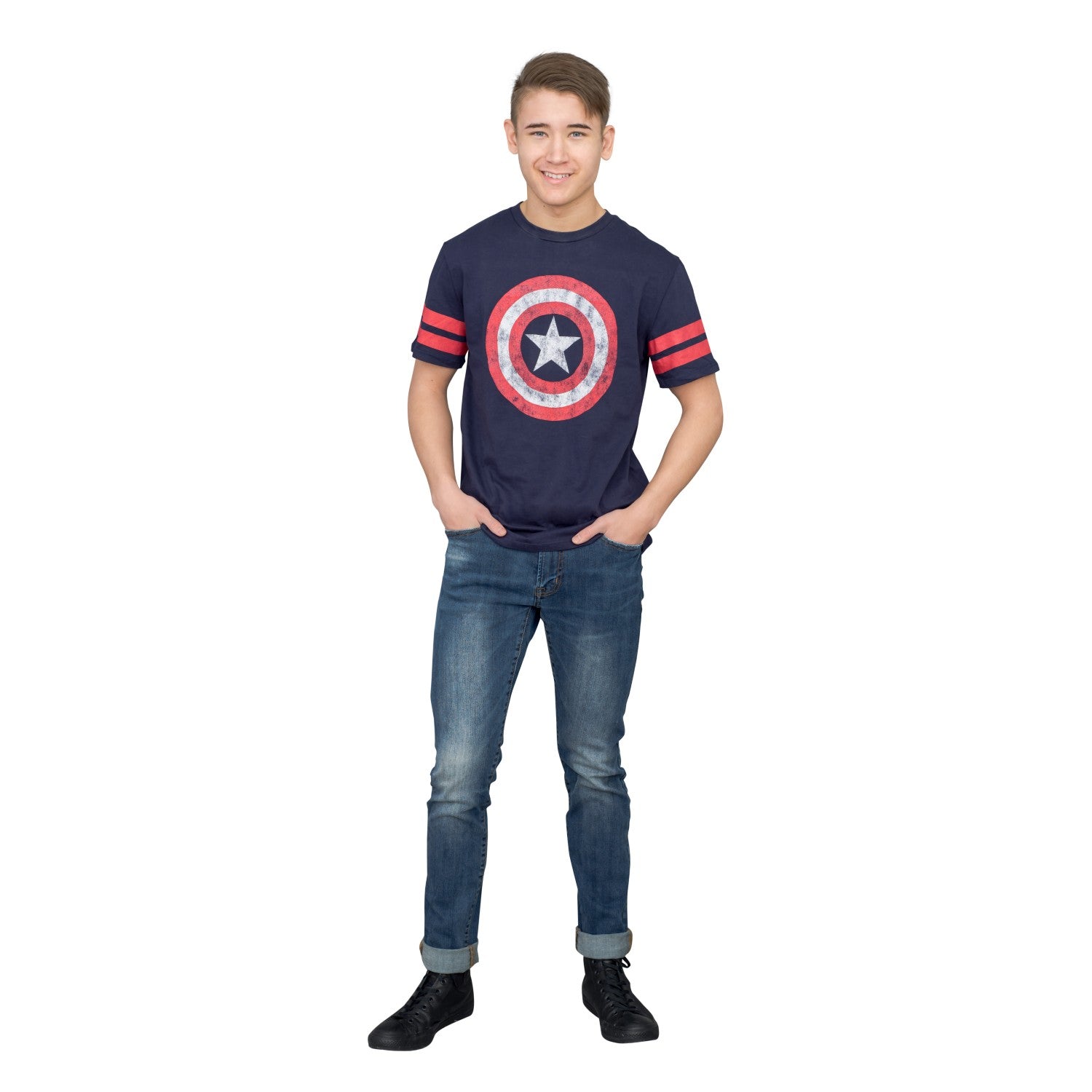 Captain America Distressed Shield Striped Sleeves T-shirt