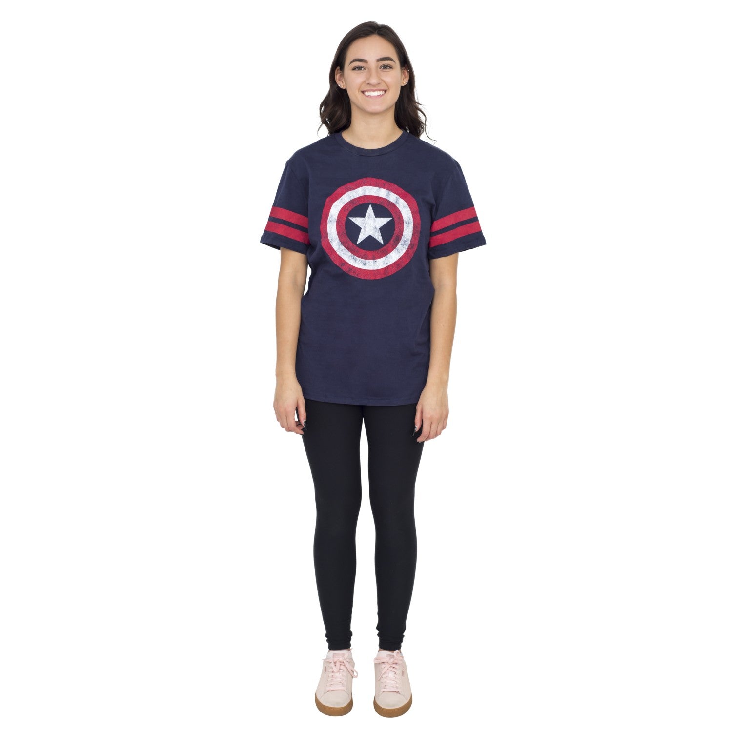 Captain America Distressed Shield Striped Sleeves T-shirt