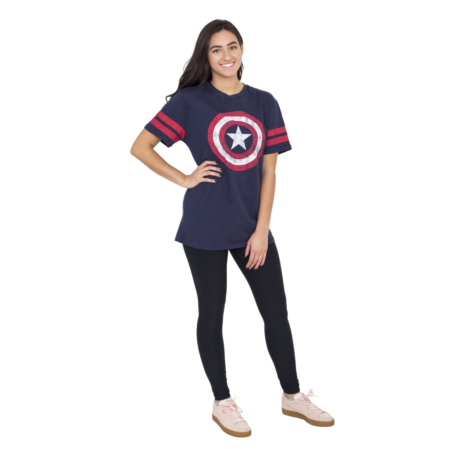 Captain America Distressed Shield Striped Sleeves T-shirt