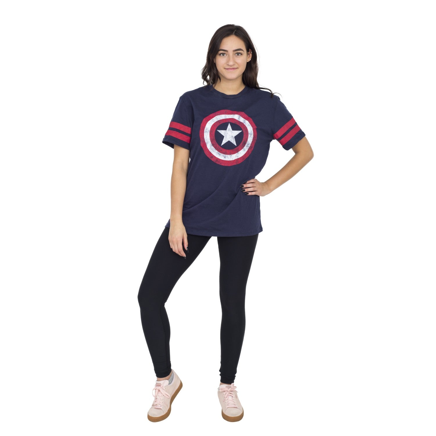 Captain America Distressed Shield Striped Sleeves T-shirt