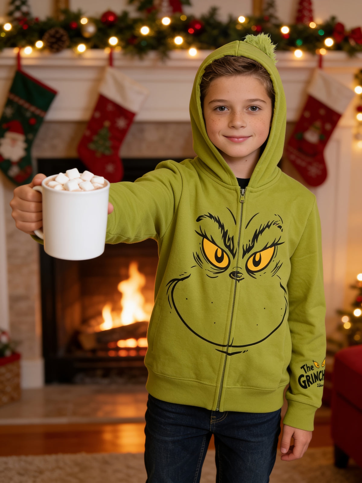 The Grinch Boys Youth Zip Up Hoodie Hair Halloween Costume Sweatshirt