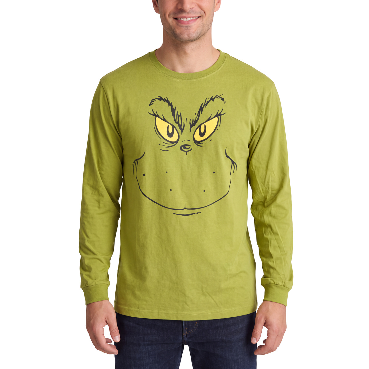 Close-up of the olive green Grinch Big Face long sleeve shirt with yellow eyes and grin
