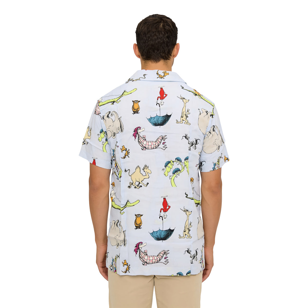 Back view of the Dr. Seuss characters all-over print rayon shirt on a man, on white