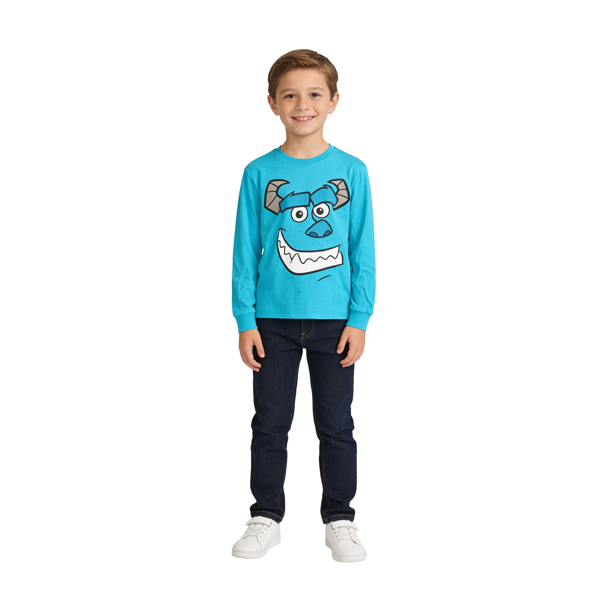 Child wearing the Sullys Big Face youth long sleeve shirt with jeans, full front view on white