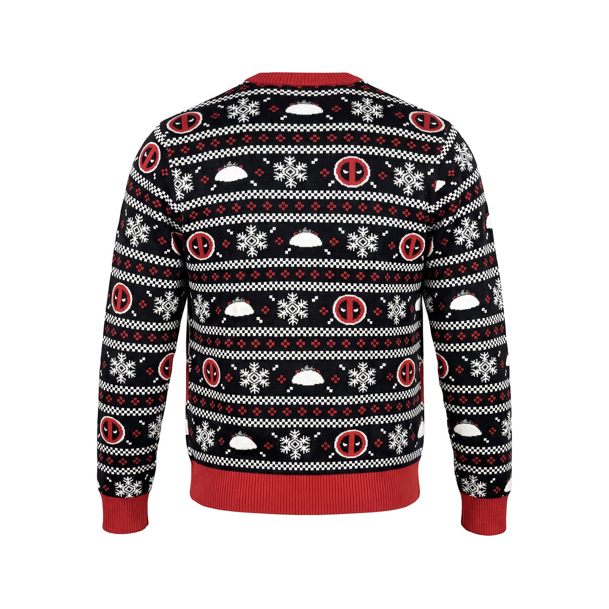 Back of the Deadpool Naughty List Christmas sweater with snowflake knit pattern