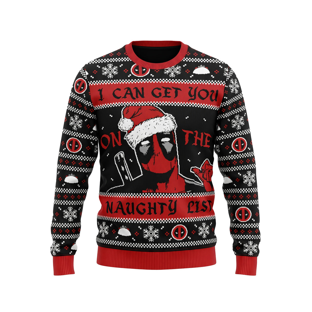 Deadpool Naughty List knitted ugly Christmas sweater, front view on white