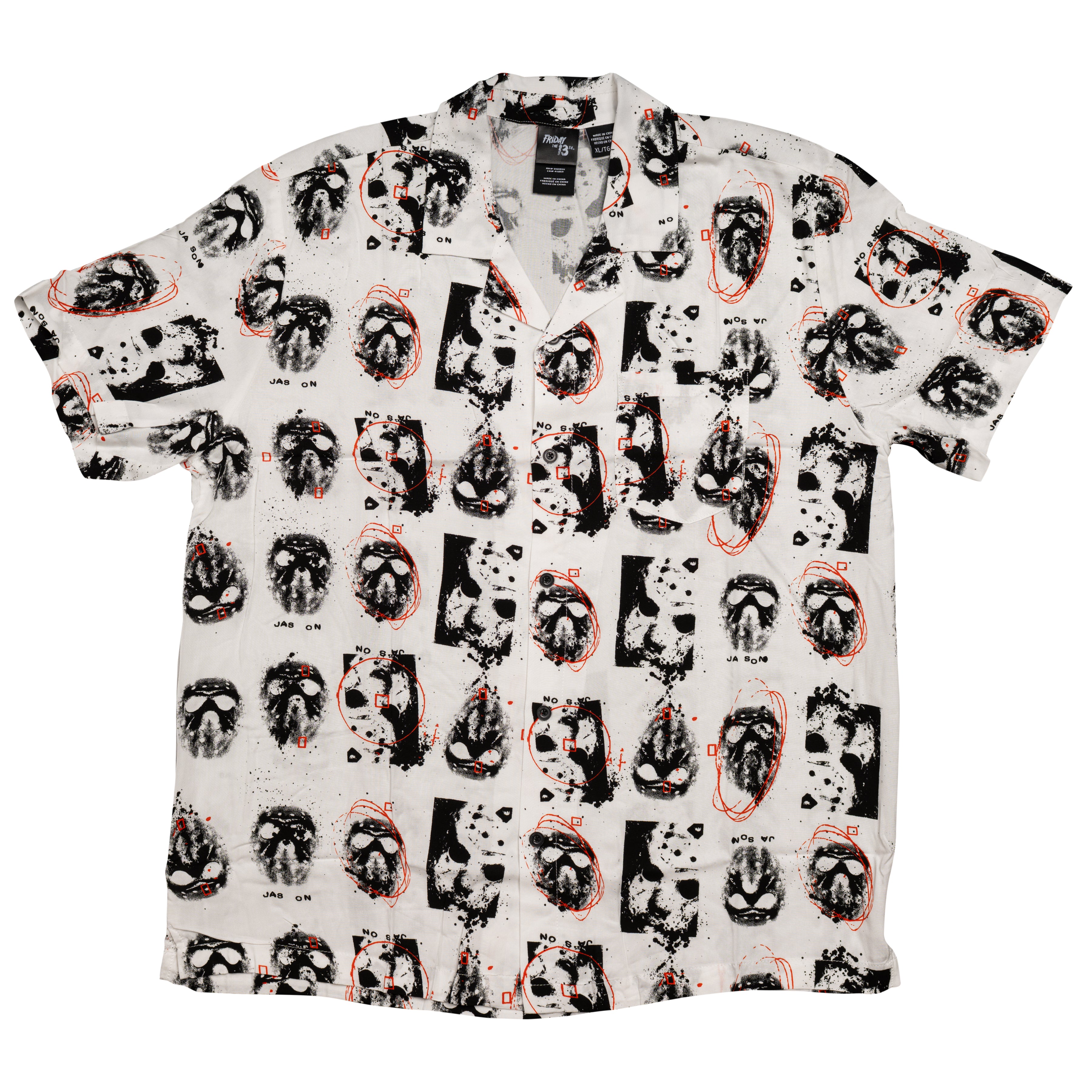 Friday The 13th Jason Rayon Button up Shirt SS Mask Scribble White