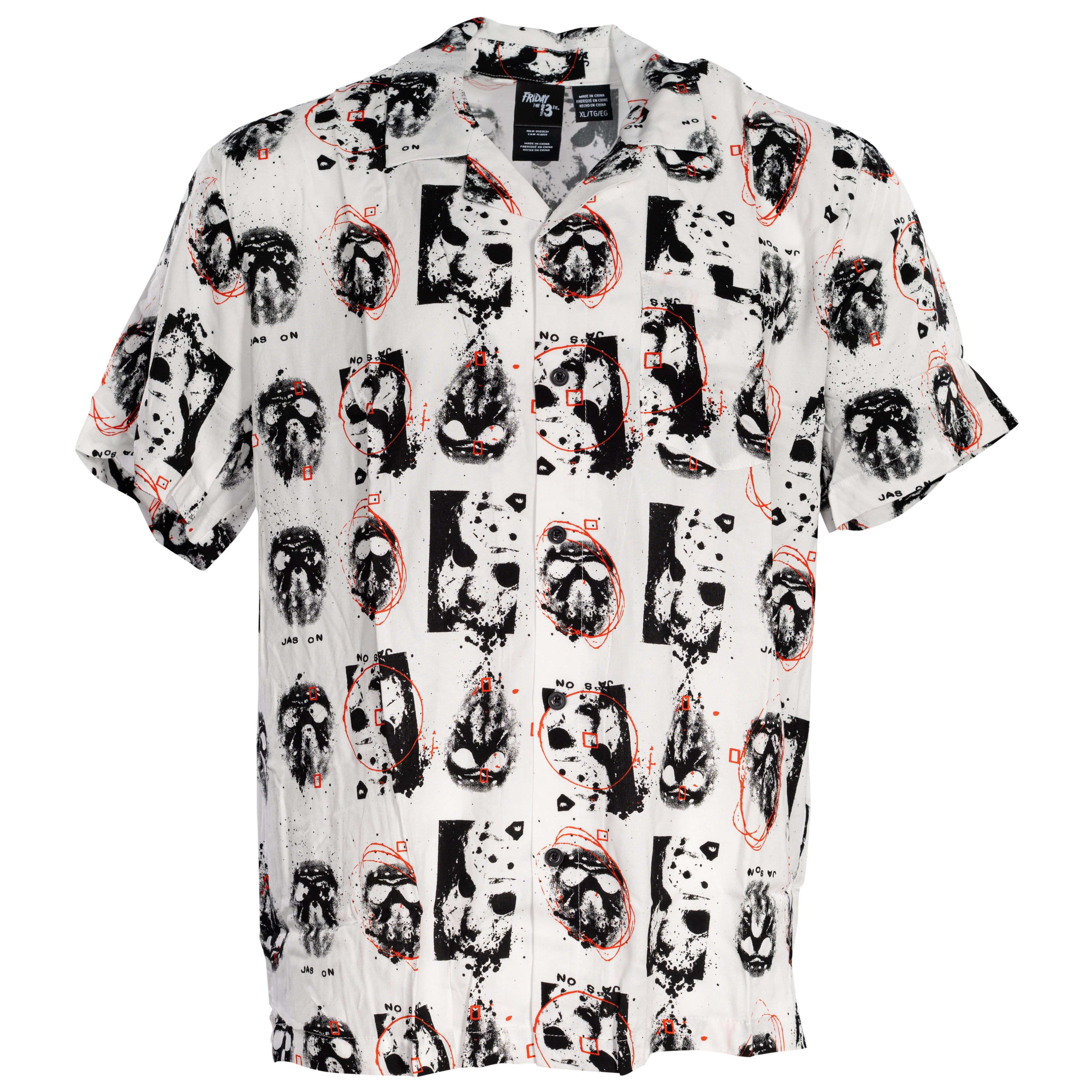 Friday The 13th Jason Rayon Button up Shirt SS Mask Scribble White