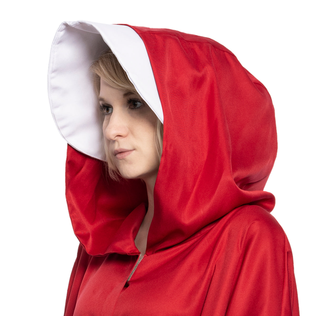 The Handmaid's Tale Red Cloak and White Hat Costume Close Look
