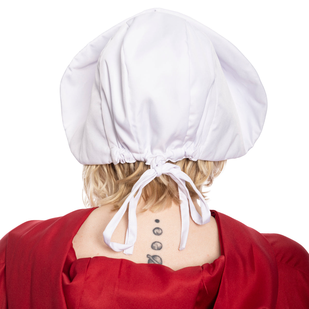 The Handmaid's Tale Red Cloak and White Hat Costume Back view