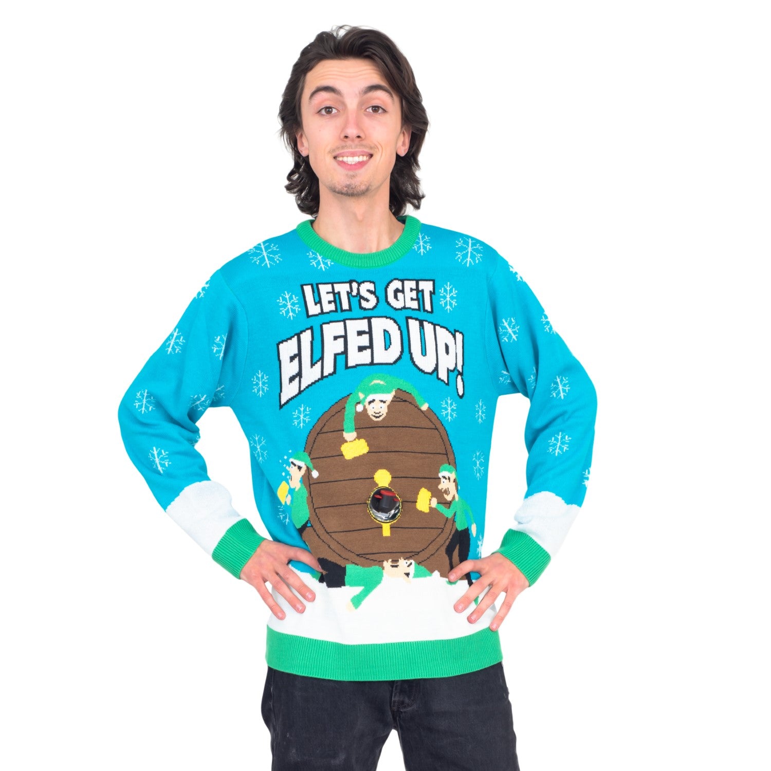 Funny Ugly Christmas Sweater Beverage Dispenser Elfed Up Blitzen's Santa Jingle Juice Knitted Pullover