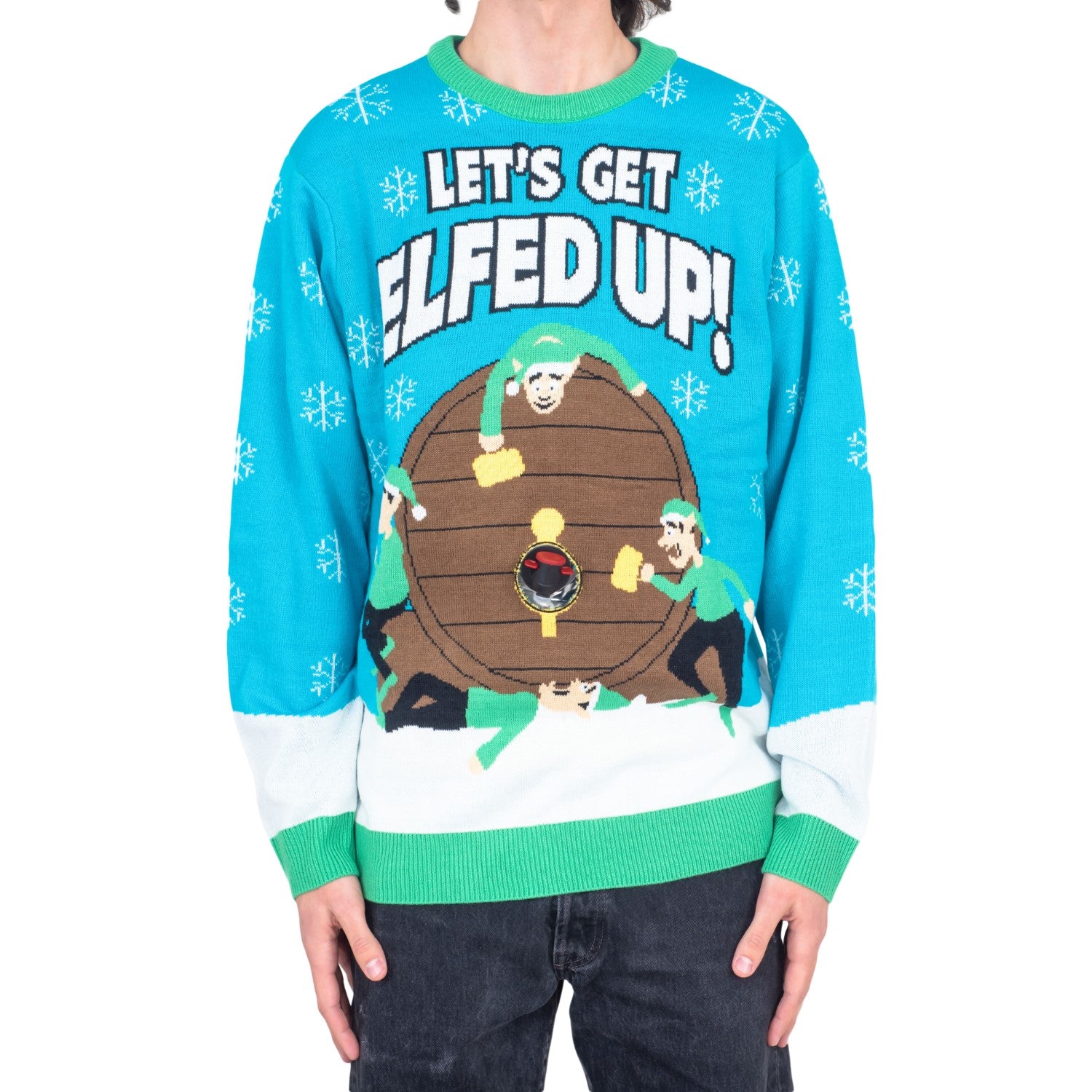 Funny Ugly Christmas Sweater Beverage Dispenser Elfed Up Blitzen's Santa Jingle Juice Knitted Pullover