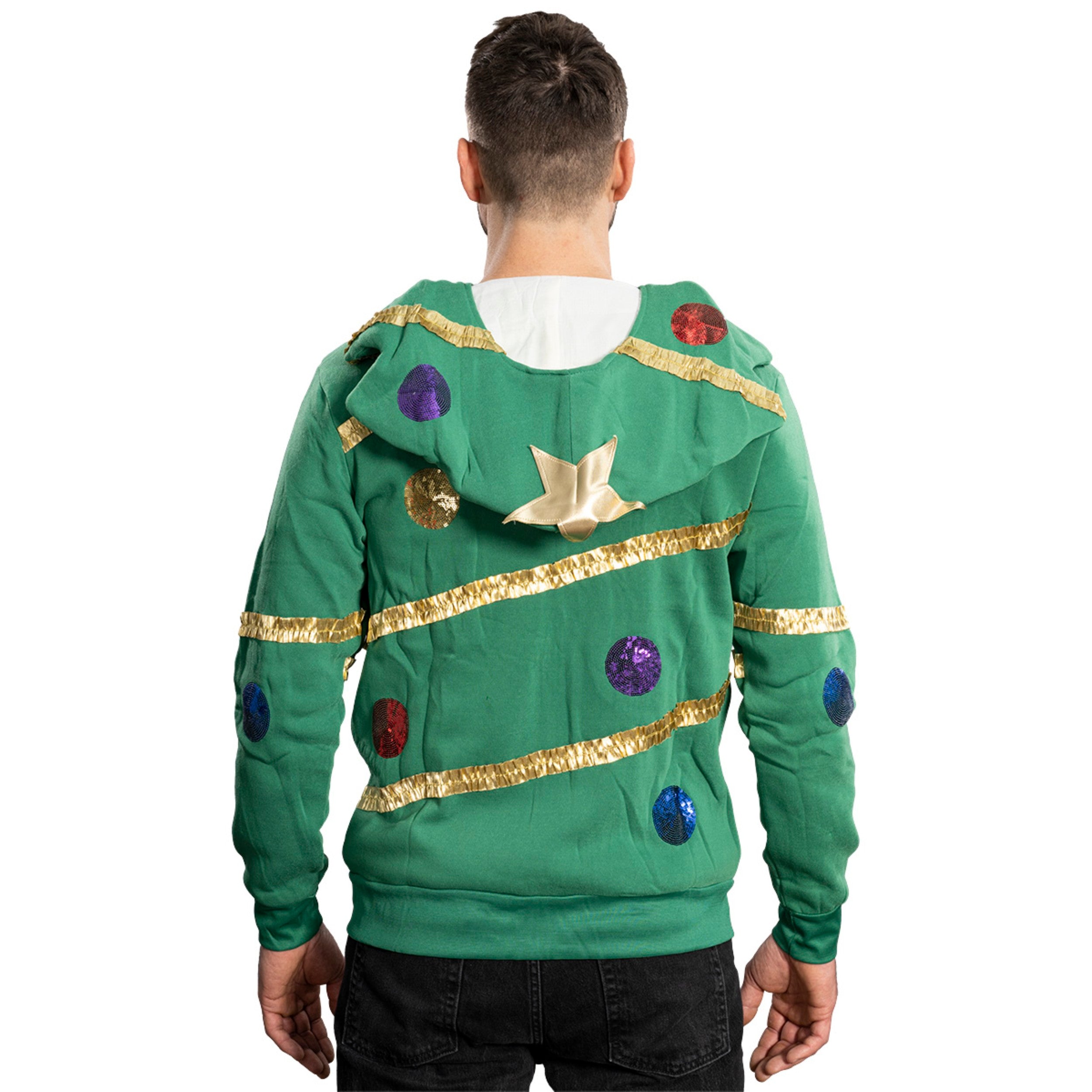 Extreme Christmas Tree Hoodie with Balls & Stars Adult Unisex Zip-Up Costume Sweatshirt