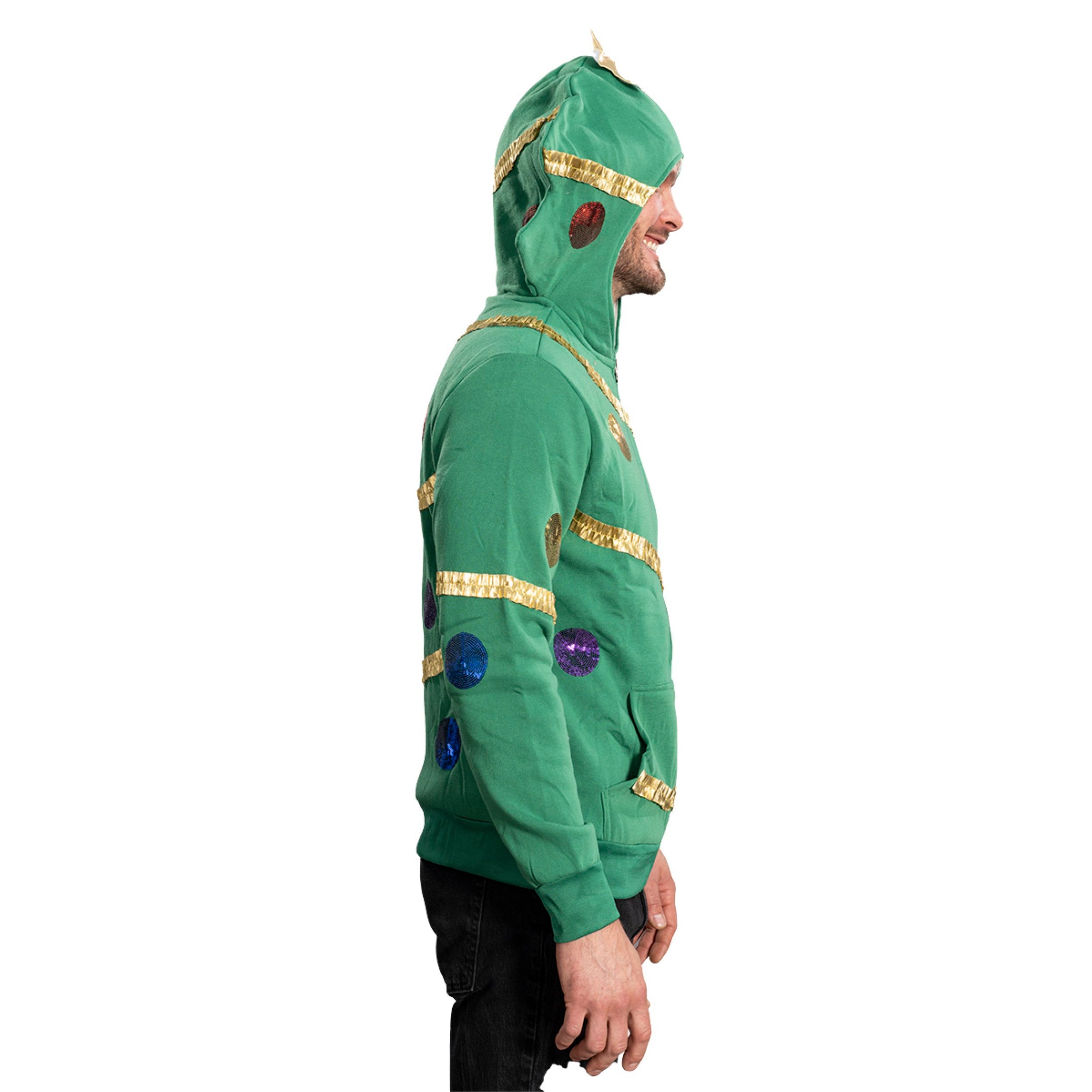 Extreme Christmas Tree Hoodie with Balls & Stars Adult Unisex Zip-Up Costume Sweatshirt