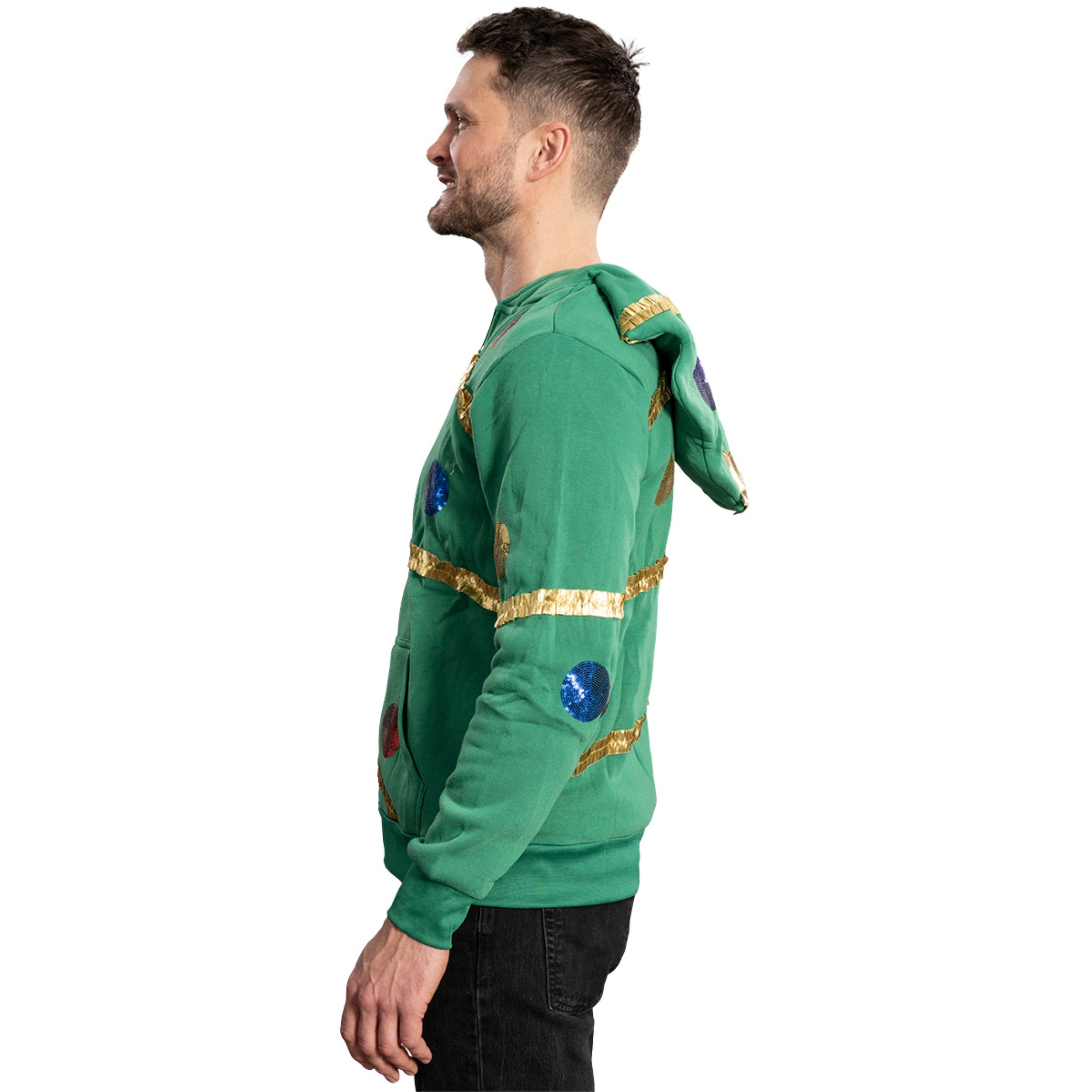 Extreme Christmas Tree Hoodie with Balls & Stars Adult Unisex Zip-Up Costume Sweatshirt