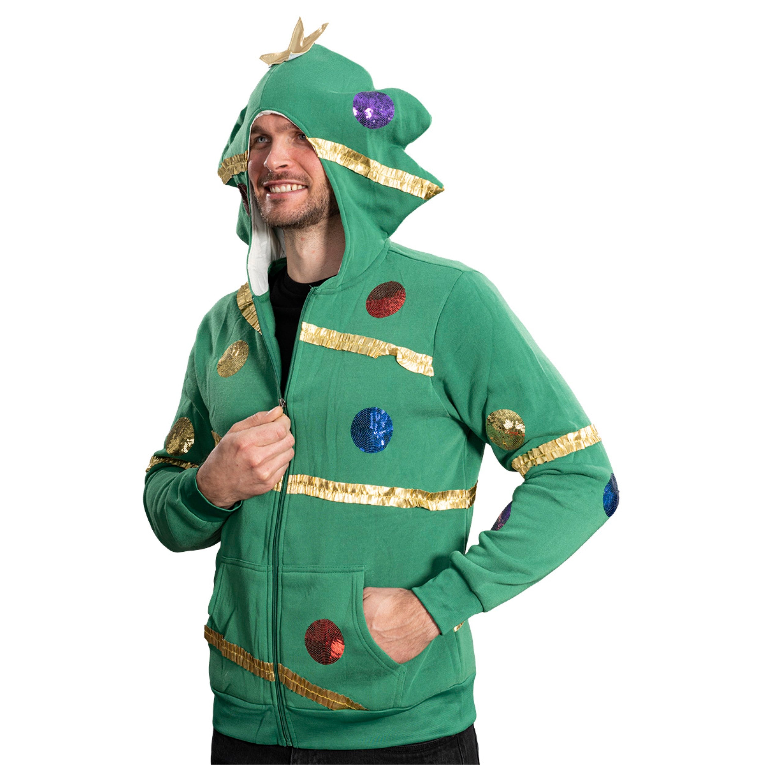 Extreme Christmas Tree Hoodie with Balls & Stars Adult Unisex Zip-Up Costume Sweatshirt