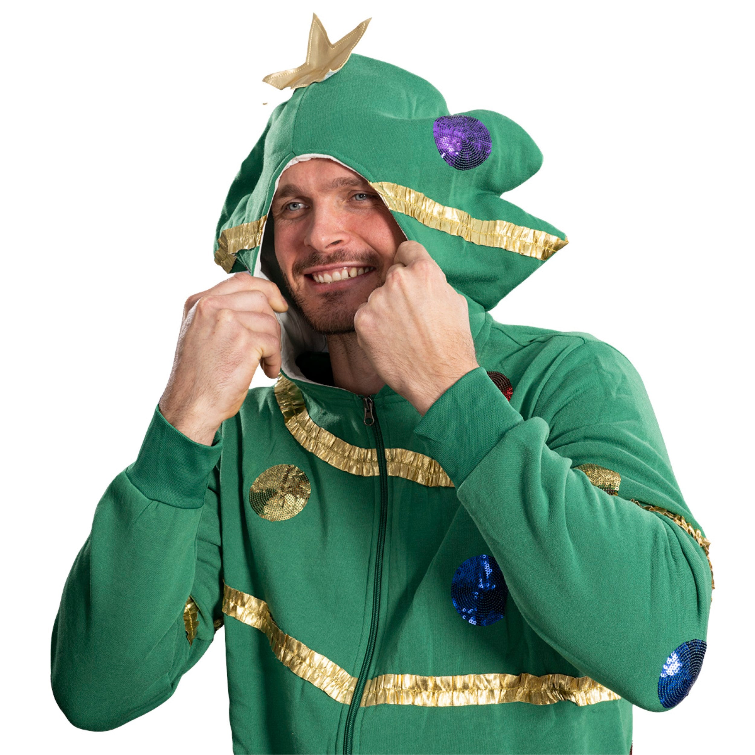 Extreme Christmas Tree Hoodie with Balls & Stars Adult Unisex Zip-Up Costume Sweatshirt