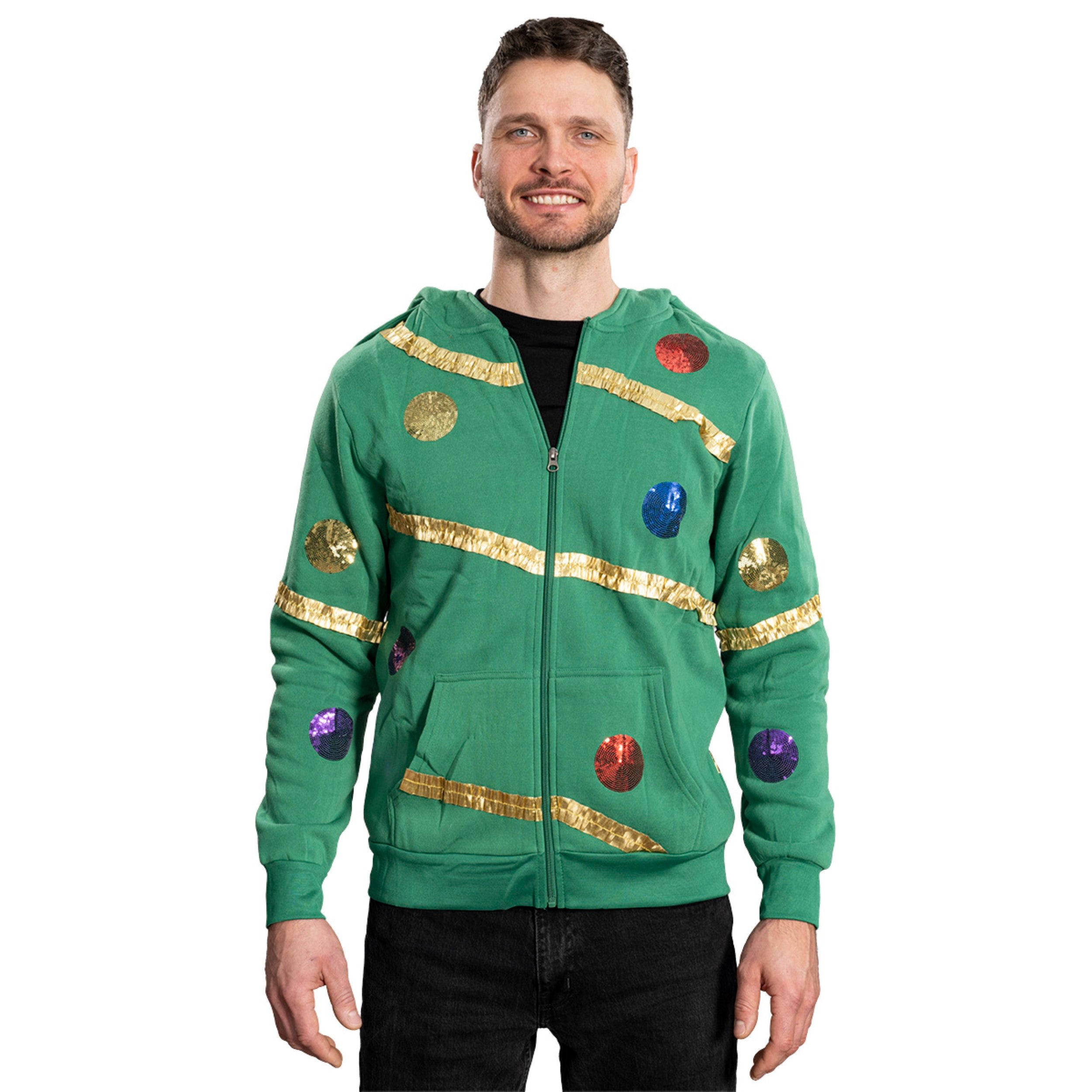 Extreme Christmas Tree Hoodie with Balls & Stars Adult Unisex Zip-Up Costume Sweatshirt