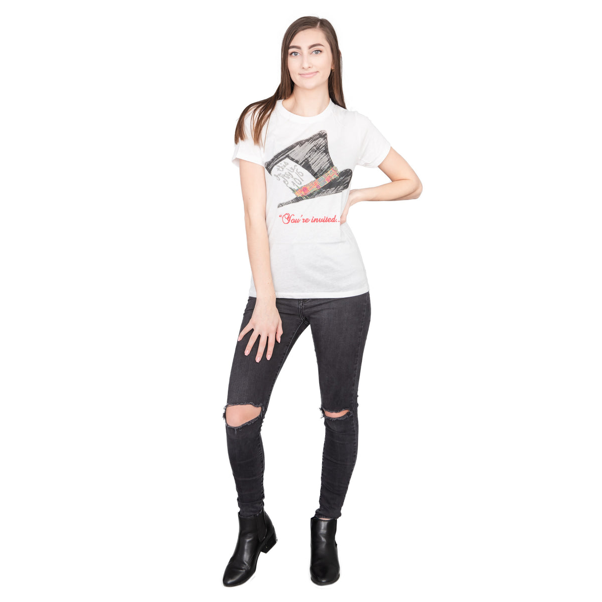 Mad Hatter You're Invited Juniors T-shirt