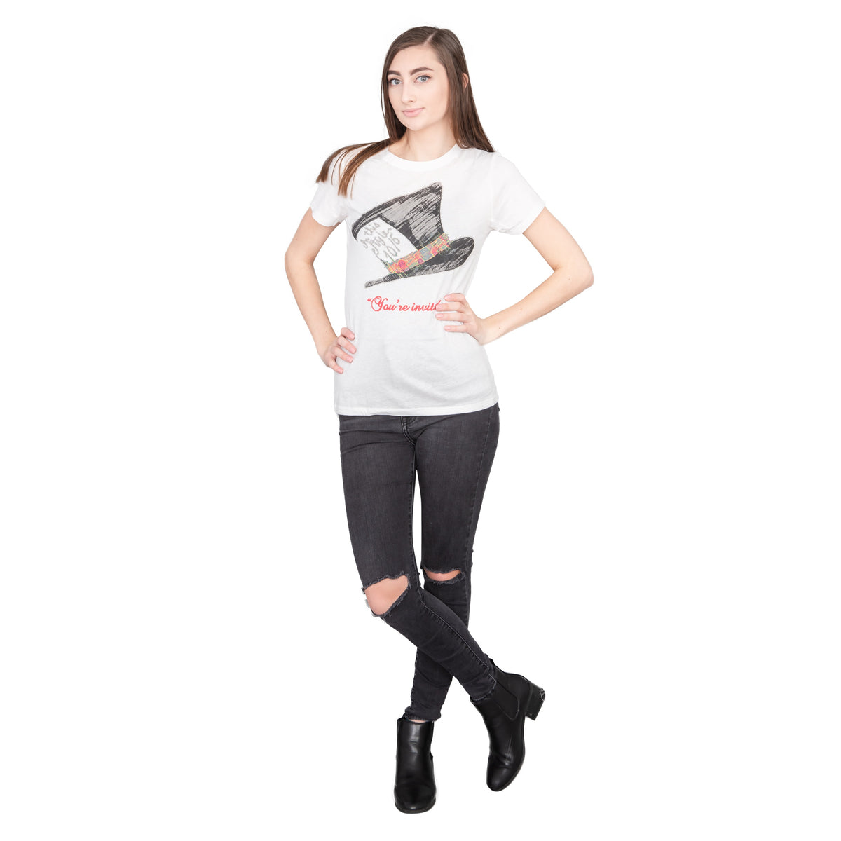 Mad Hatter You're Invited Juniors T-shirt