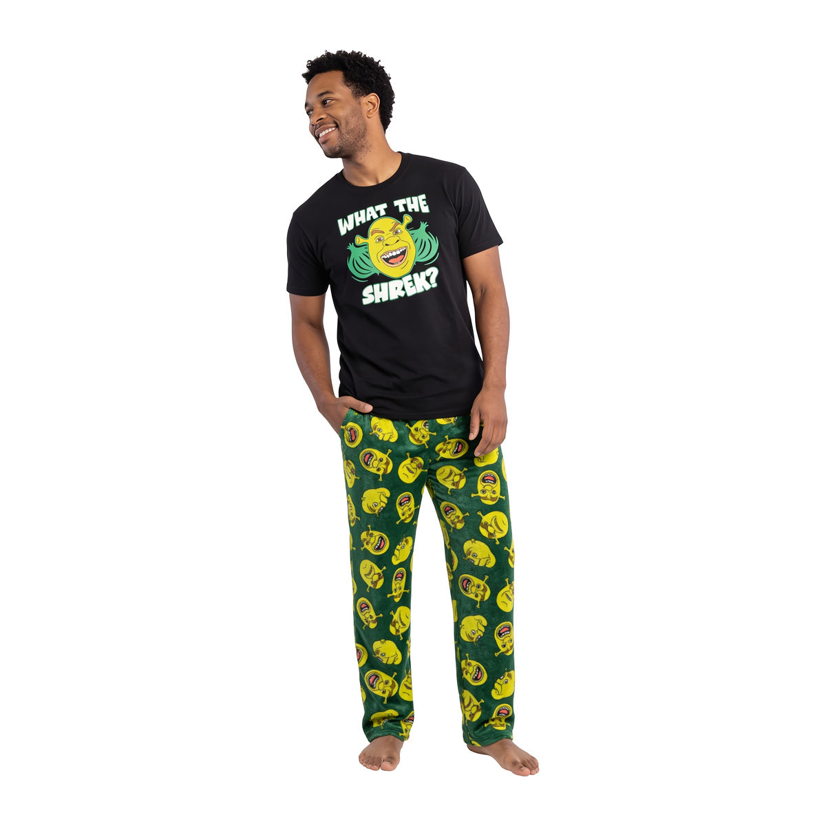 Man in the Shrek What the Shrek pajama set, three-quarter view on white