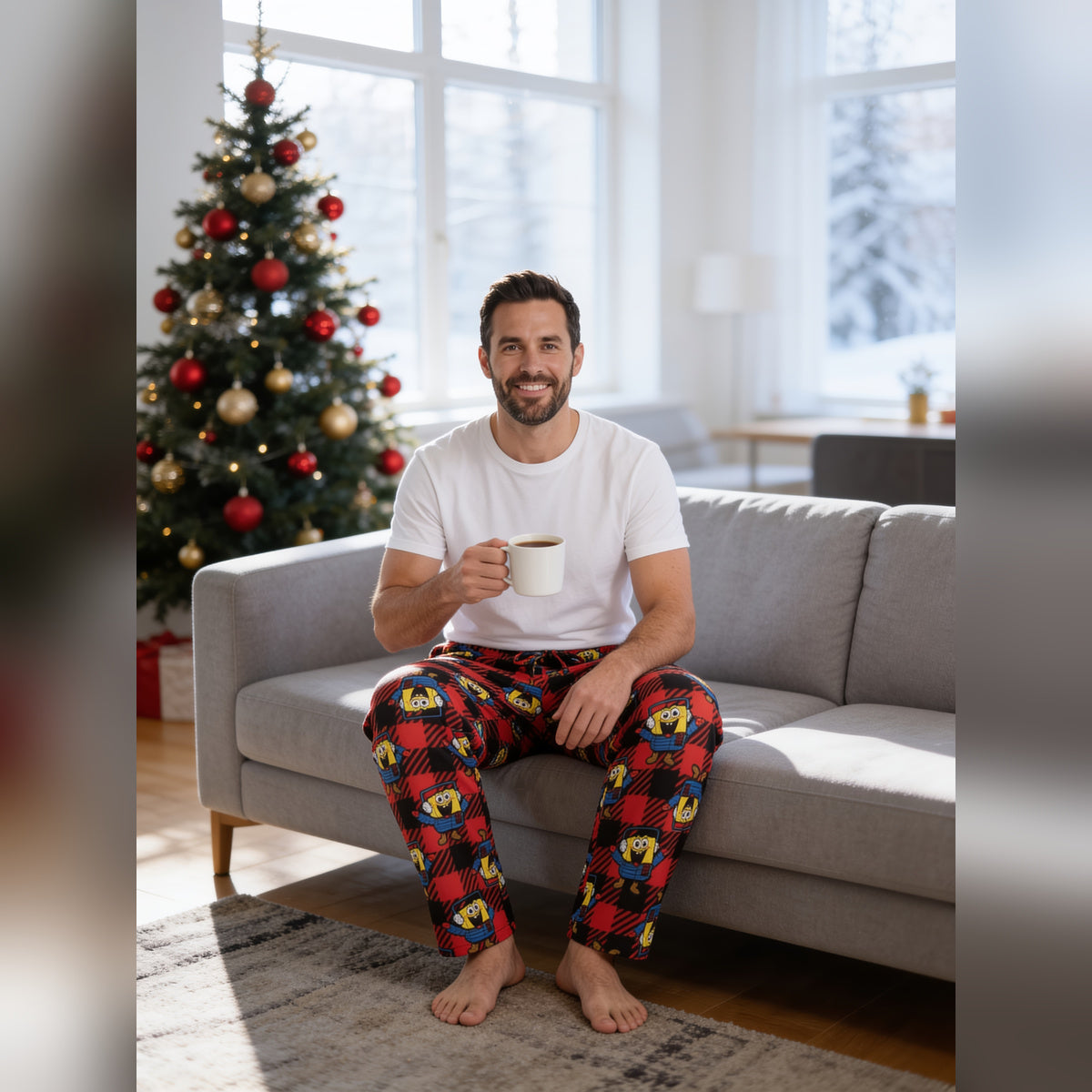 Man on a couch by a Christmas tree in the red SpongeBob plaid sleep pants
