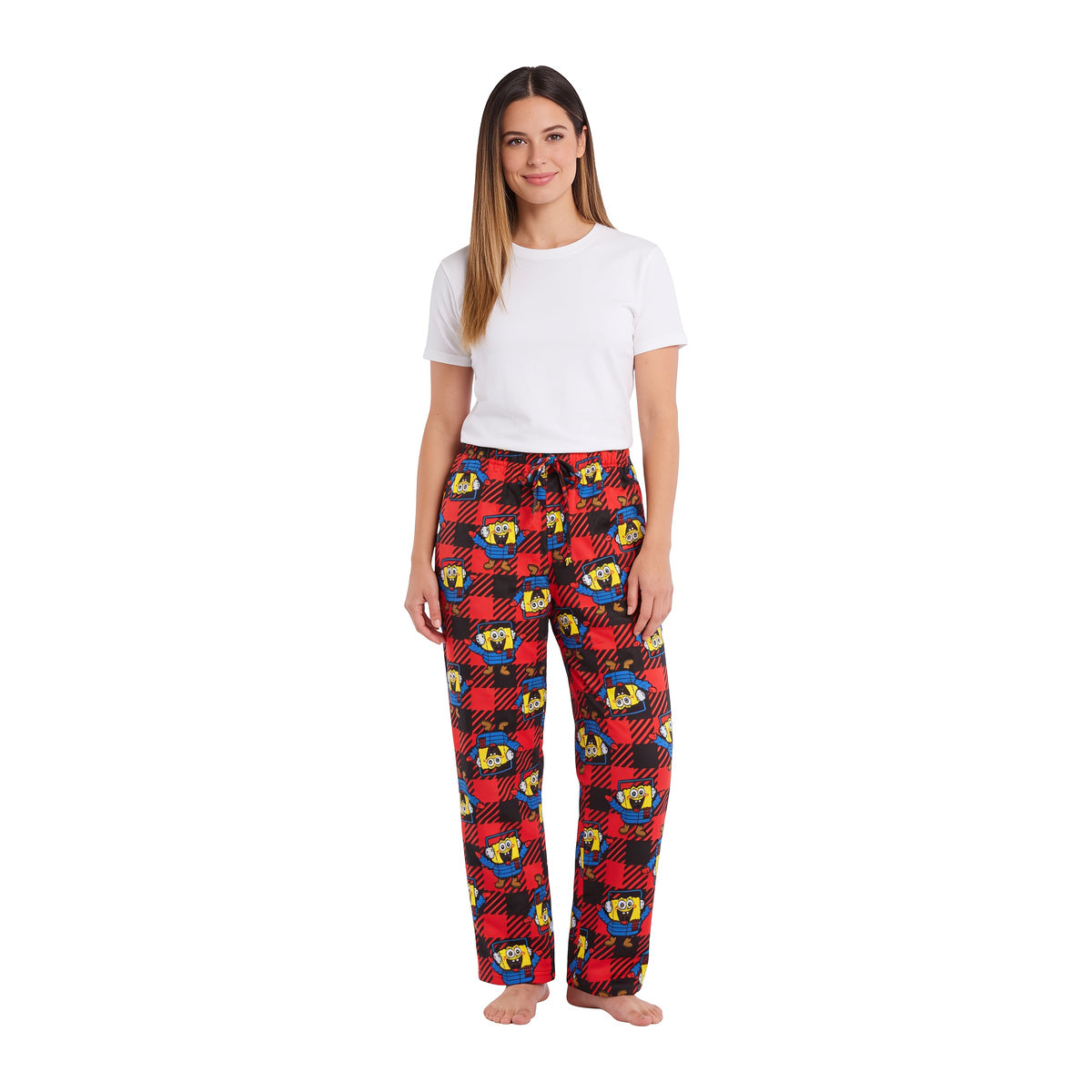 Woman wearing the SpongeBob Puffer and Snow red plaid pajama pants, front view