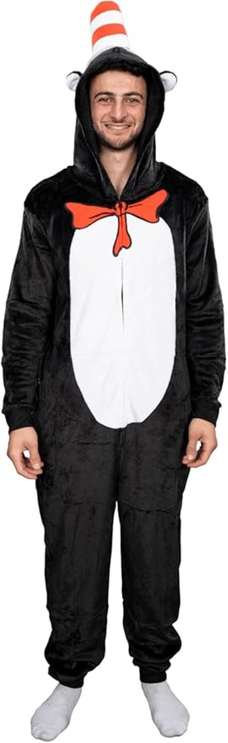 Officially Licensed Dr. Seuss Cat in Hat Adult Unisex Halloween Cosplay Costume Jumpsuit