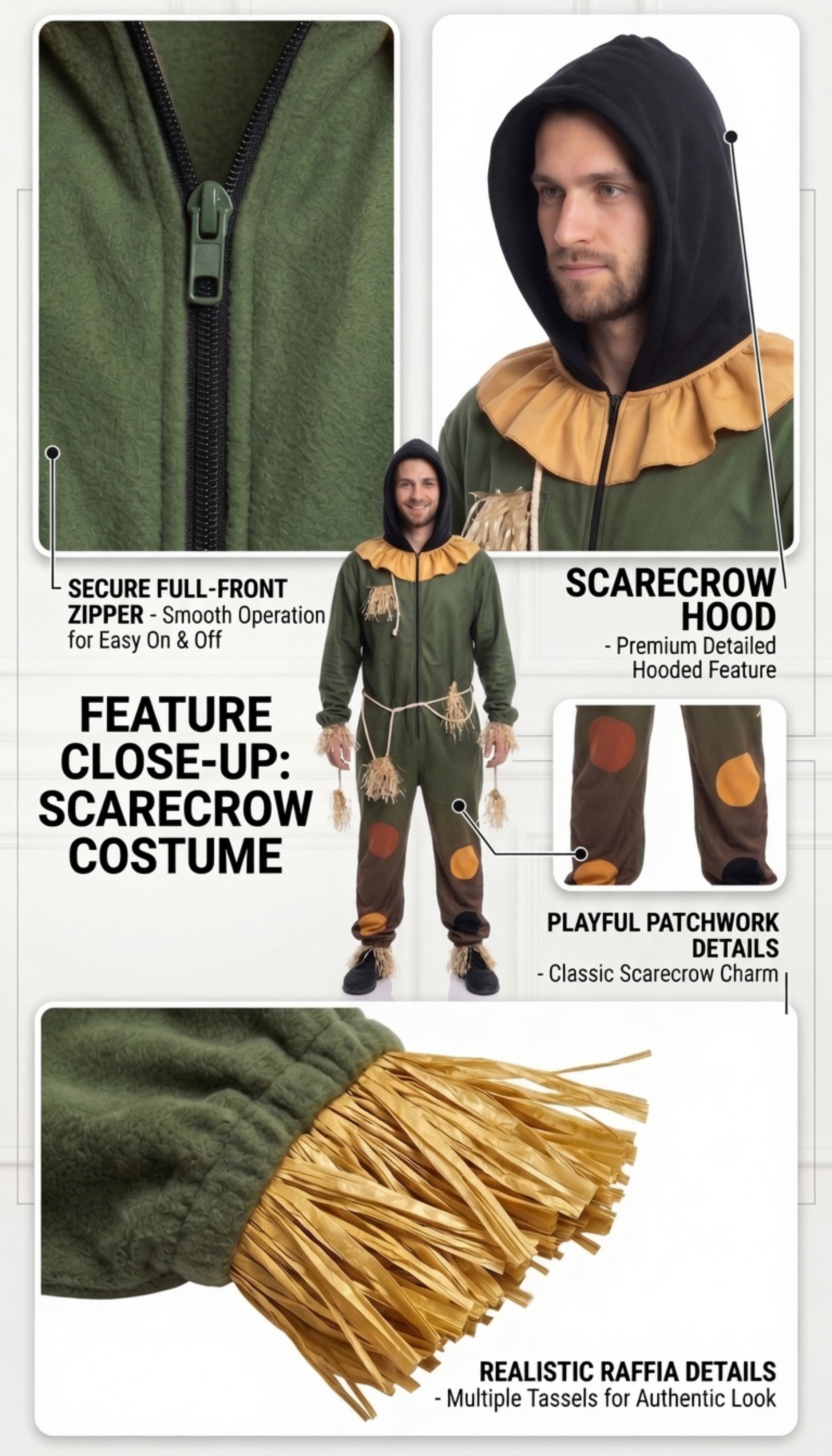 A composite product listing graphic for a green scarecrow costume, showing a model wearing the costume, close-up views of the hood and zipper, patchwork details, and a raffia hair detail on a white background with text callouts.