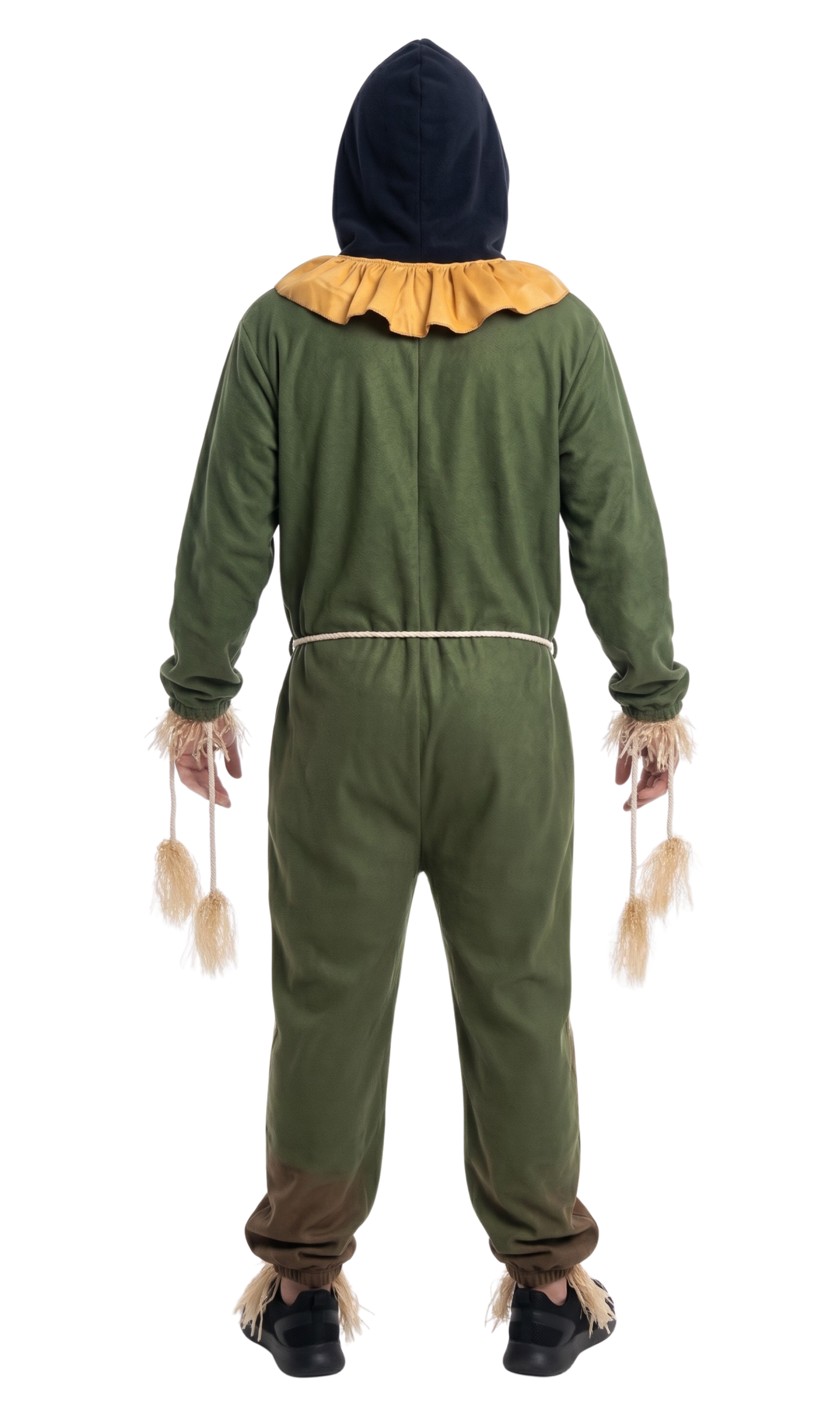 A child shown from the back wearing a green hooded costume jumpsuit with a mustard yellow ruffled collar, beige faux-fur trim at the cuffs and ankles, and small dangling straw-like props in each hand, against a plain white background.