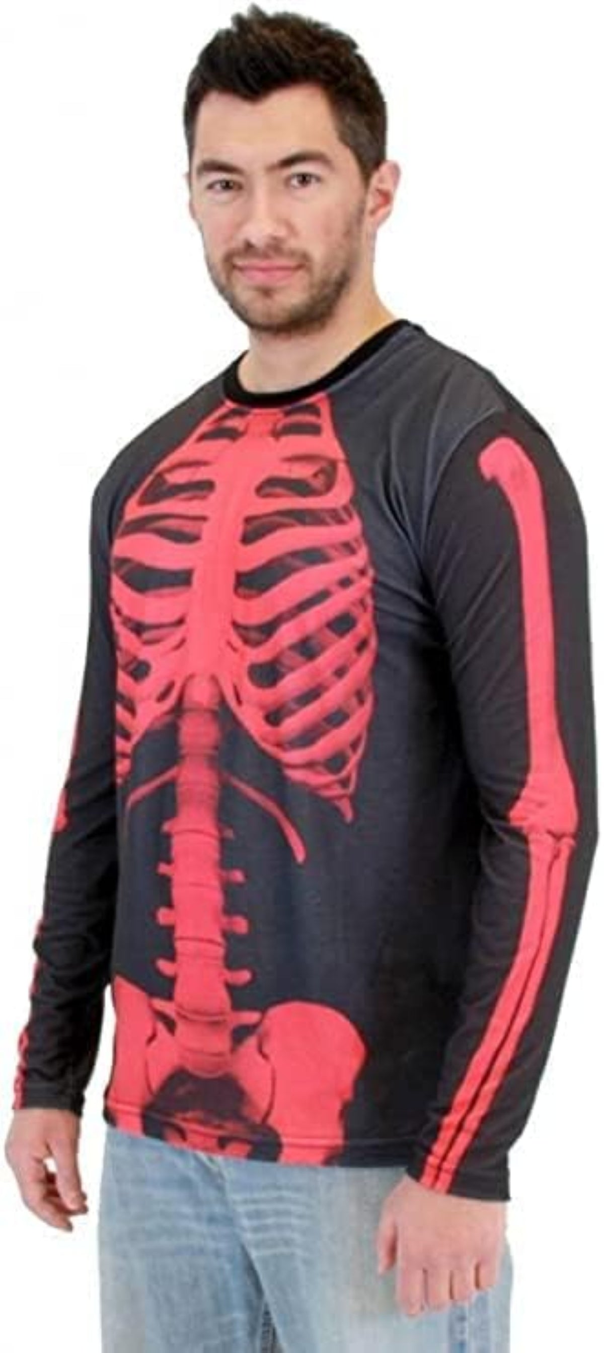 Skeleton Rib Cage Jumbo Print Neon Red Green Halloween Costume Long Sleeve T-shirt Cosplay