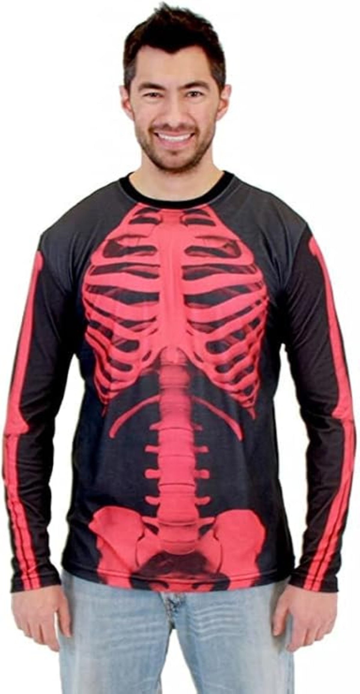 Skeleton Rib Cage Jumbo Print Neon Red Green Halloween Costume Long Sleeve T-shirt Cosplay