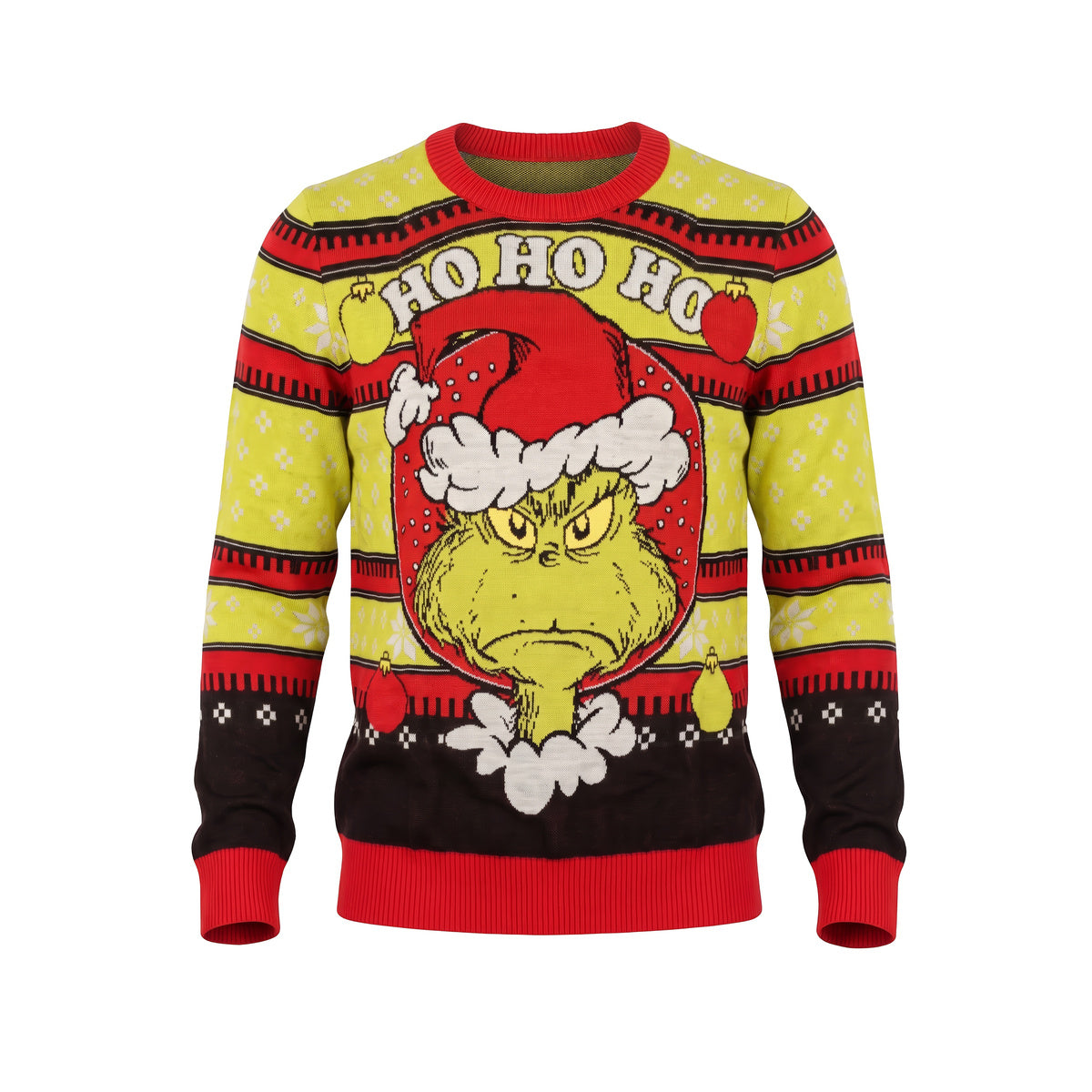 Grinch Ho Ho Ho knitted ugly Christmas sweater with Grinch in a Santa hat, front view on white